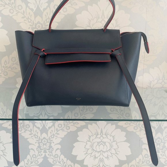 CELINE PARIS Navy / Red Trimmed Leather Bag/Satchel w/ Flap & Strap Detail - Picture 1 of 9